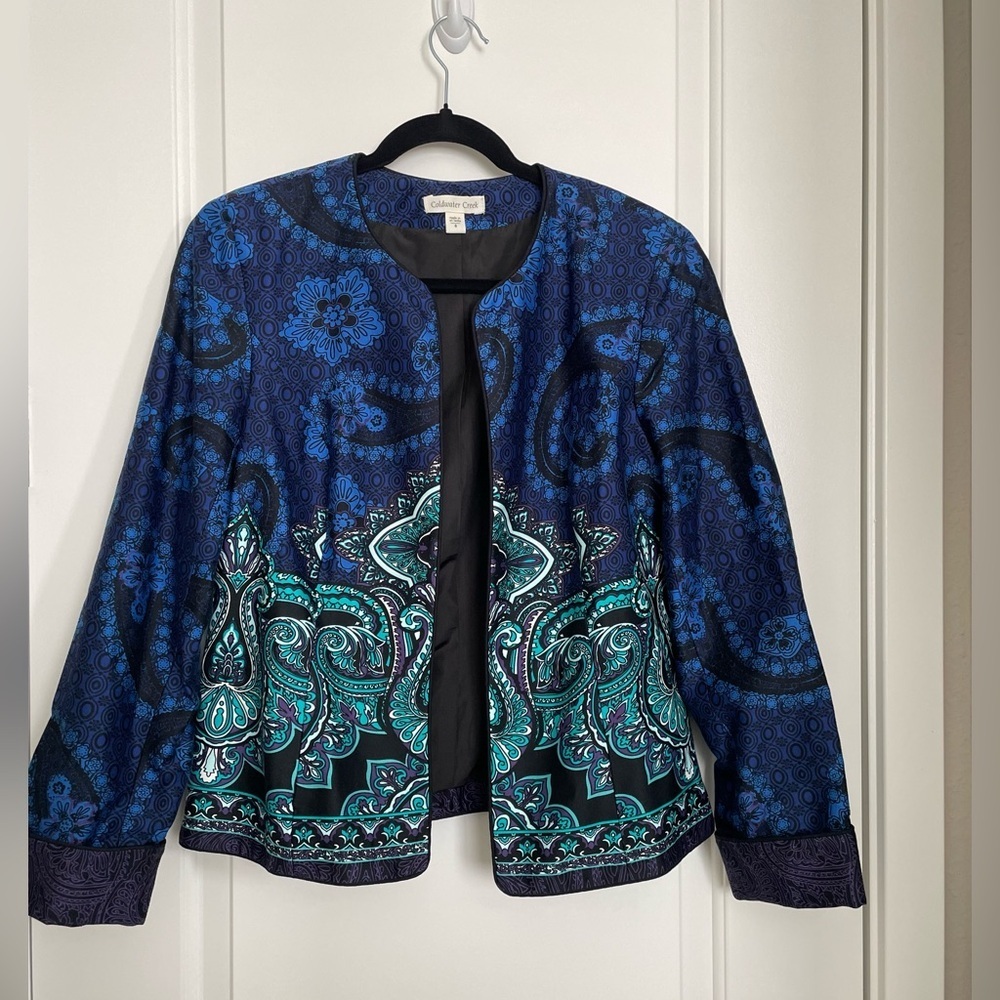 Coldwater Creek Blue Green Paisley Print Open Front Lined Blazer-Jacket Size 8